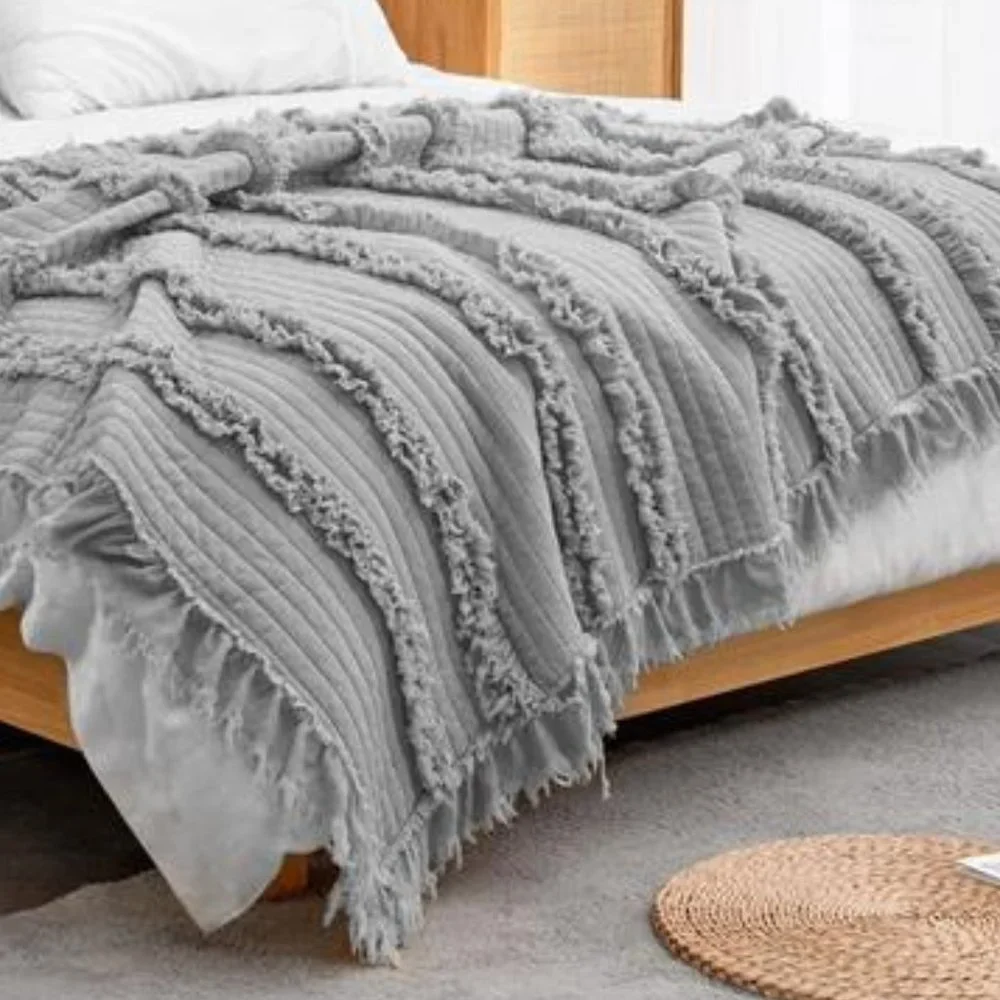 Farmhouse Throw Blanket Boho Cottage Decor Soft Decorative Grey Quilted Cover